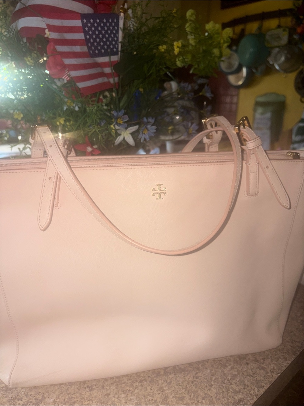 Tory Burch Pale Pink Leather Tote with Gold Logo
